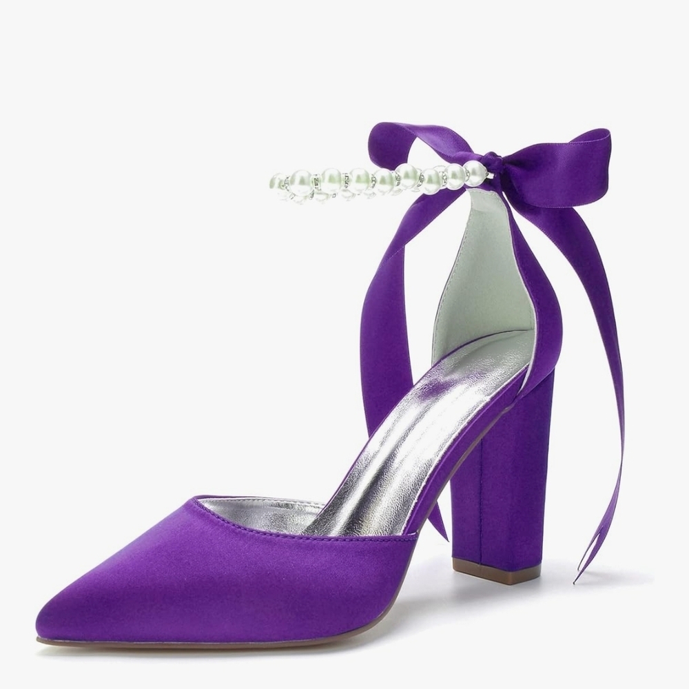 Elegant Purple Satin Heels with Ankle Ribbon